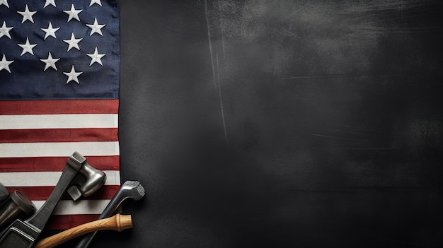 Construction tools with the flag of the United States of America on a dark background with copyspace