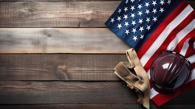 Construction tools with the flag of the United States of America on a wooden background