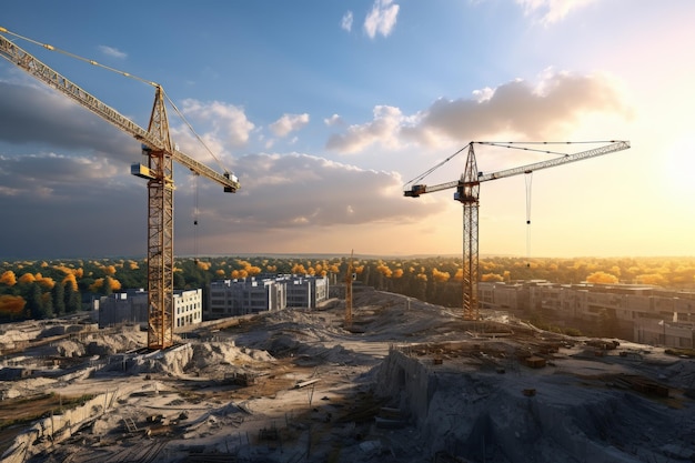 Construction tower cranes against the background of buildings and a picturesque sky with clouds