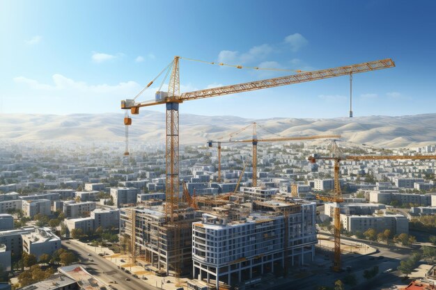 Construction tower cranes against the background of buildings and a picturesque sky with clouds