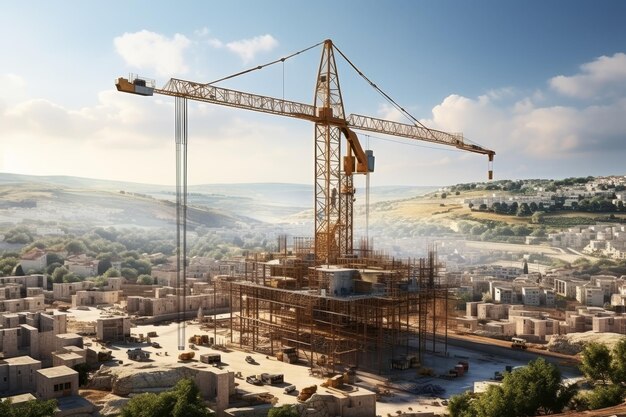 Construction tower cranes against the background of buildings and a picturesque sky with clouds