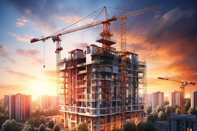 Construction tower cranes against the background of buildings and a picturesque sky with clouds