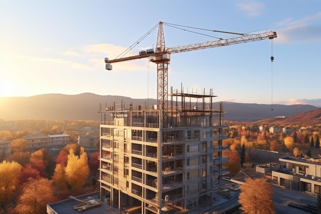 Construction tower cranes against the background of buildings and a picturesque sky with clouds