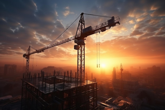 Construction tower cranes in the backdrop of construction and beautiful sunrise sky with clouds