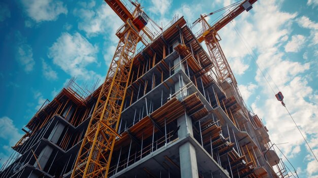 Construction of towering skyscraperr building with crane