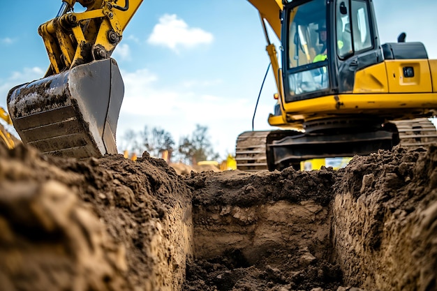 Photo construction vehicles at work with an excavator digging into the earth