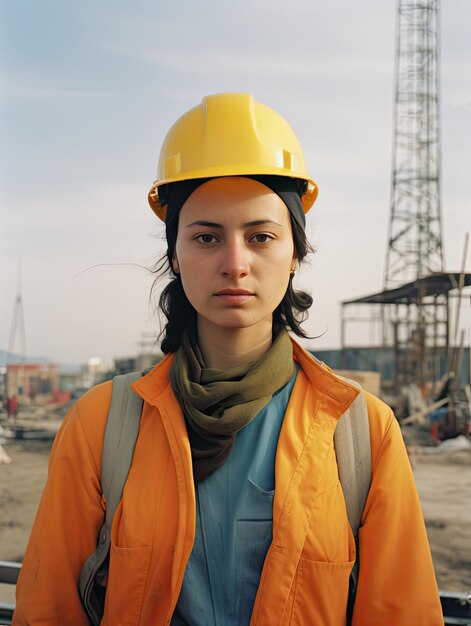 Construction woman Worker Labor time portrait on building site