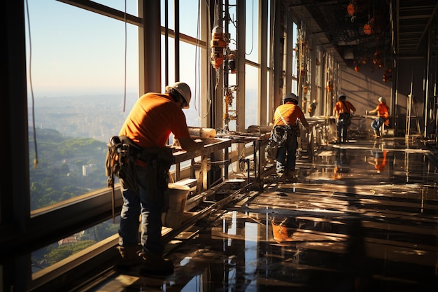 Construction work at height wearing safety harness Rope access and safety line working under construction a roof's edge Generated with AI