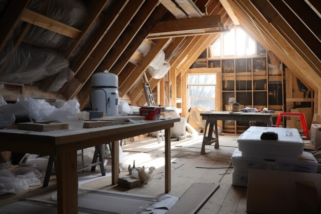 Construction work is currently underway in the attic specifically in the stage where drywall spackling and plastering are being done before the process of screeding begins