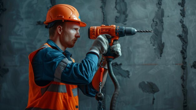 A construction worker actively using a power drill