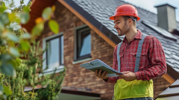 Construction worker assesses roof safety while inspecting residential property in daylight