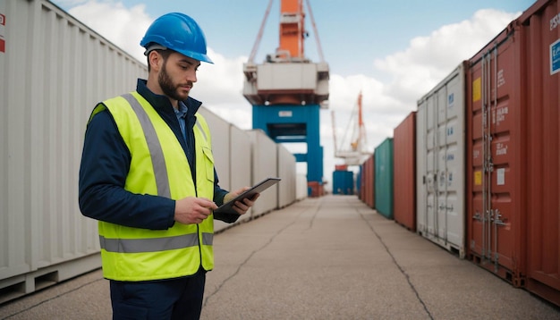 Photo a construction worker in a blue hard hat is looking at a tablet