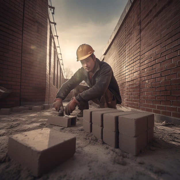 A construction worker building a block of bricks with the word " on it "