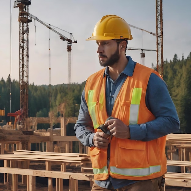 Construction worker on building site by forest