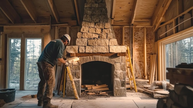 Photo construction worker building a stone fireplace