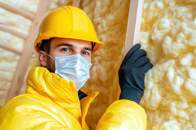 Photo construction worker checking insulation in new build