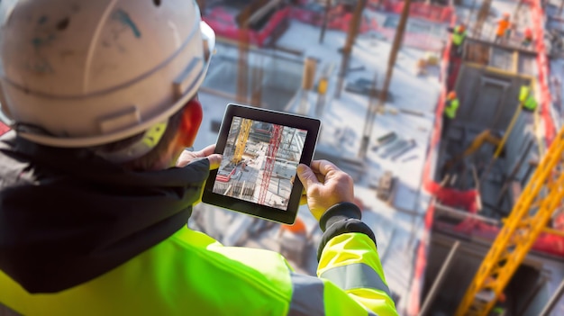 Construction worker checking site with tablet