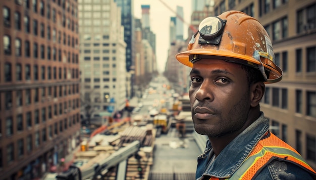 Construction worker in city wears helmet and reflective vest working at dusk among urban lights aig