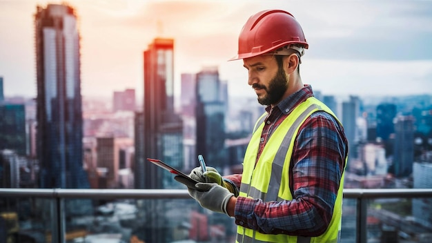 a construction worker in a construction vest is using a phone