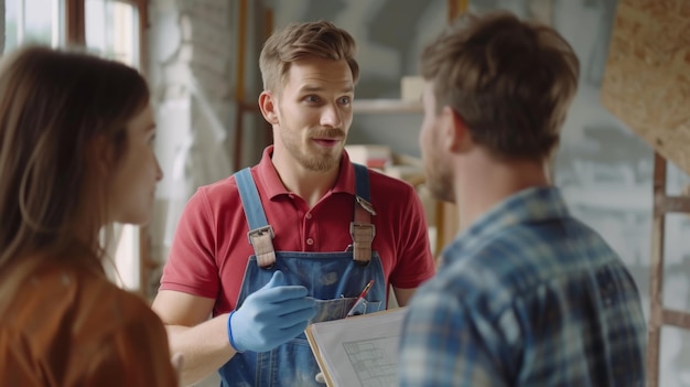 construction worker or contractor in a blue jumpsuit and red shirt holding a clipboard while discussing work with a couple possibly homeowners inside a house under construction