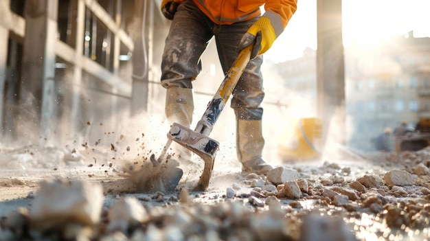 A construction worker demolishes concrete with a sledgehammer dust flying in the air