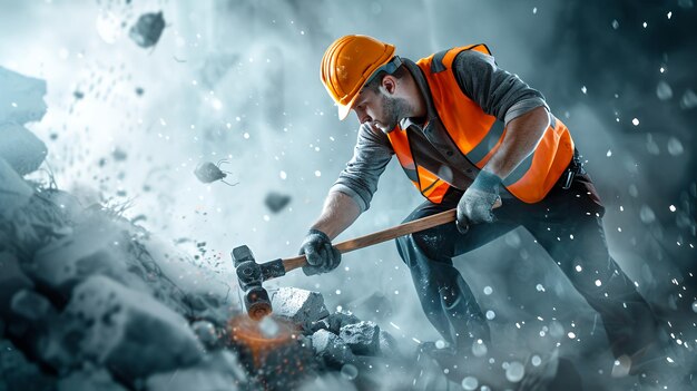 Photo construction worker demolishing concrete with a sledgehammer