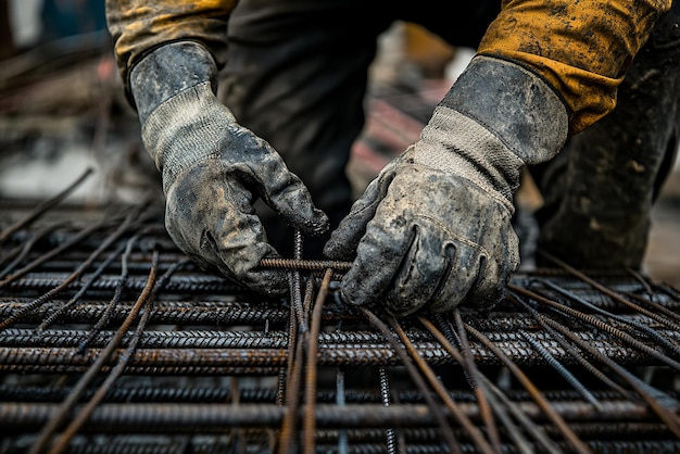 Construction Worker Fastening Steel Rebar for Concrete Pour