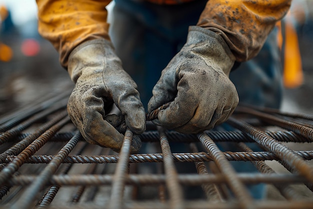 Construction Worker Fastening Steel Rebar for Concrete Pour