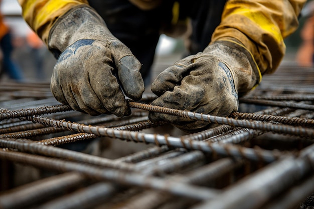 Construction Worker Fastening Steel Rebar for Concrete Pour