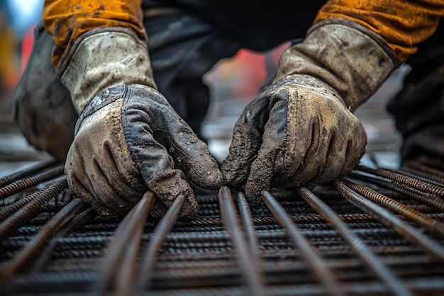 Construction Worker Fastening Steel Rebar for Concrete Pour