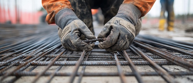 Construction Worker Fastening Steel Rebar for Concrete Pour