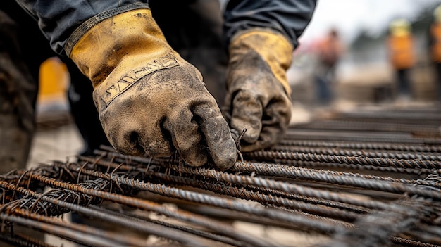 Construction Worker Fastening Steel Rebar for Concrete Pour