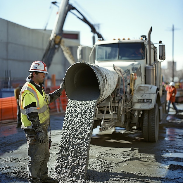 Construction Worker Guiding a Large Concrete Mixer