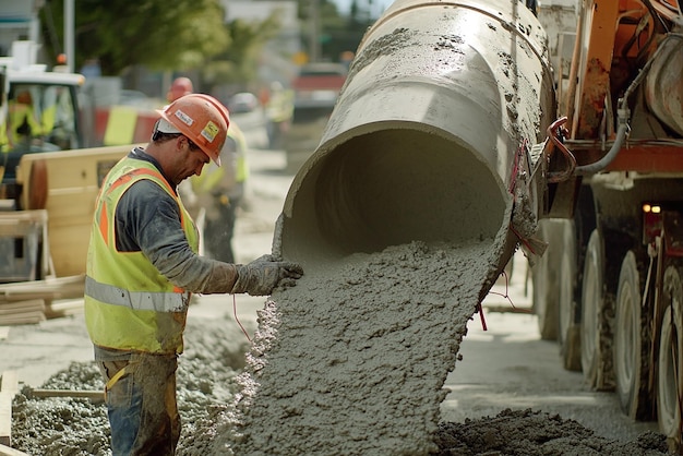 Construction Worker Guiding a Large Concrete Mixer