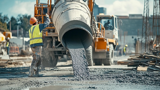 Construction Worker Guiding a Large Concrete Mixer