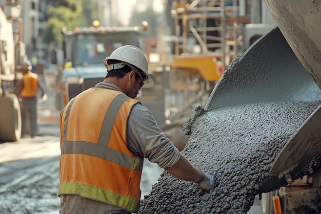 Construction Worker Guiding a Large Concrete Mixer