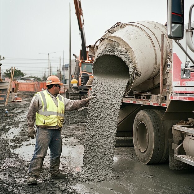 Photo construction worker guiding a large concrete mixer