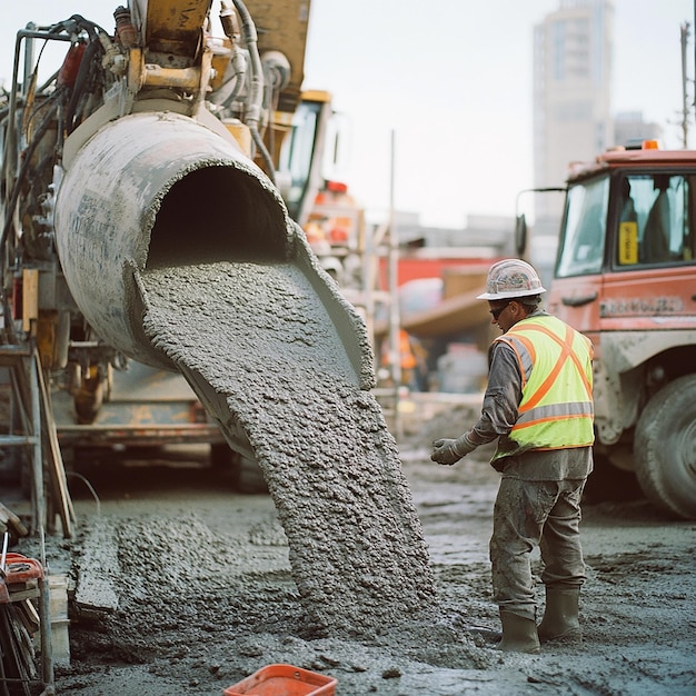 Construction Worker Guiding a Large Concrete Mixer