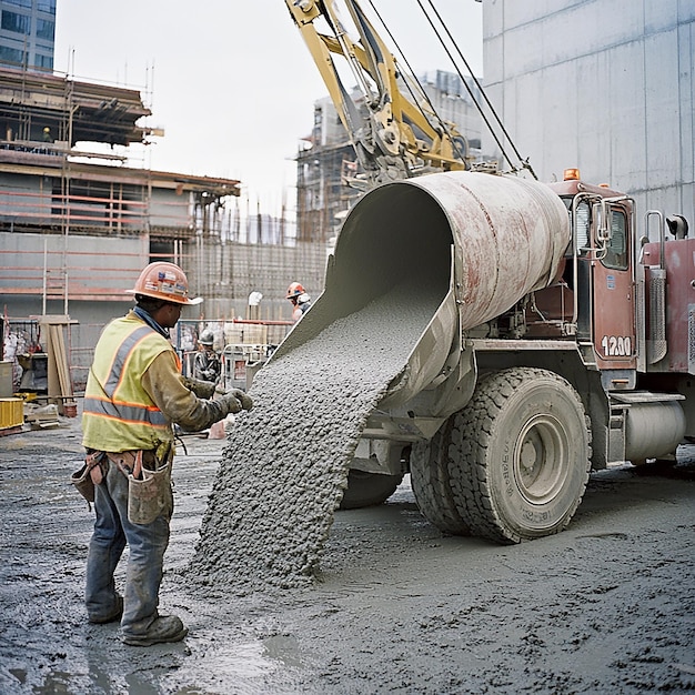 Construction Worker Guiding a Large Concrete Mixer