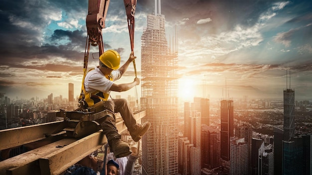 a construction worker hangs on a rope above a city