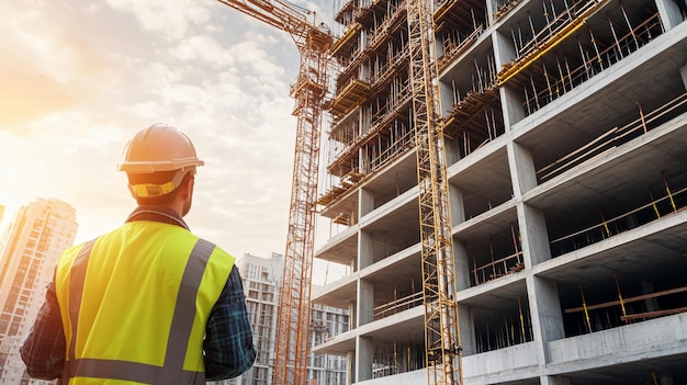 A construction worker in a hard hat operating a crane at a busy building site copy space