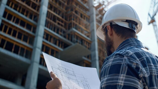 Photo a construction worker in a hard hat reviewing plans with a building framework rising