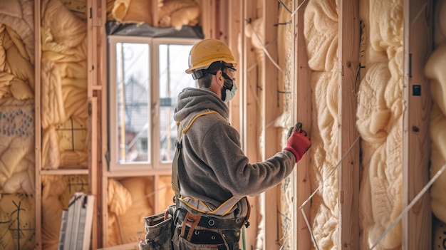 A construction worker in a hard hat and safety gear works on the framing of a new house