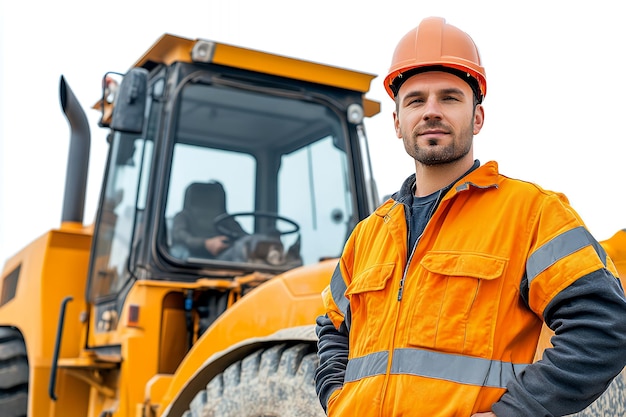 Photo construction worker in hard hat and safety vest standing in front of a yellow excavator