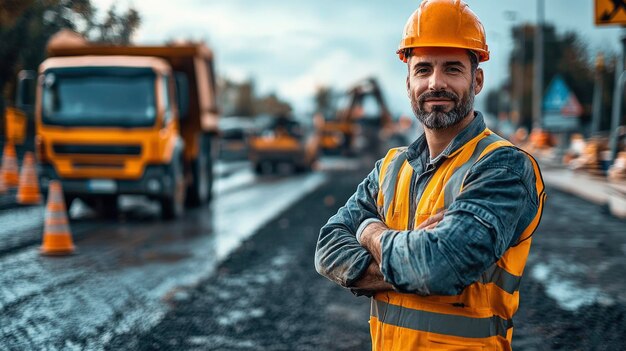 Photo construction worker in hard hat and safety vest standing on road