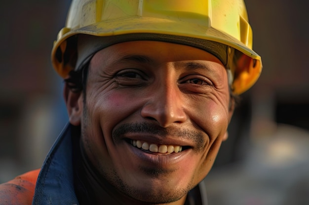 A construction worker in a hard hat with a big smile on his face as he works on a building site yellow hat