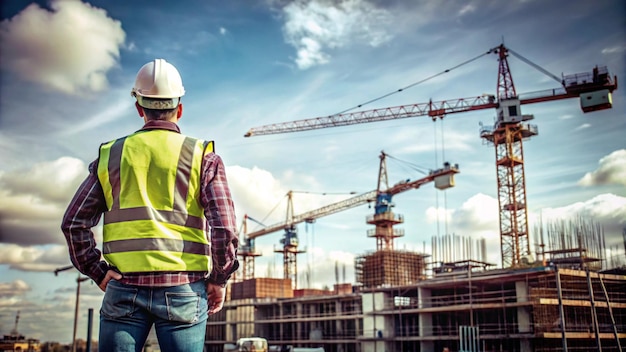 Construction worker in hardhat and safety vest looking at a building under construction with cranes