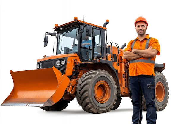 A construction worker in a hardhat stands in front of an orange tractor with a large metal plow