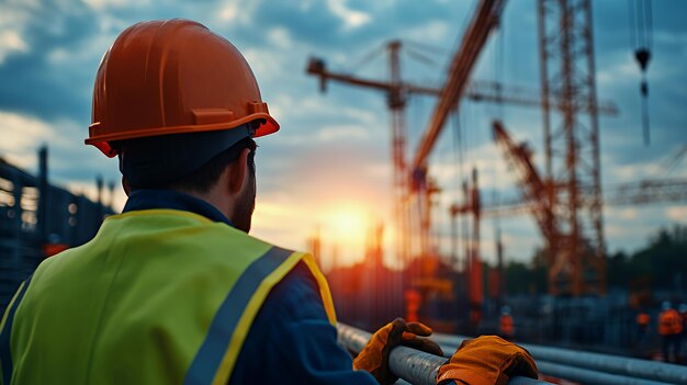 Construction worker in hardhat and vest looks at crane at sunset