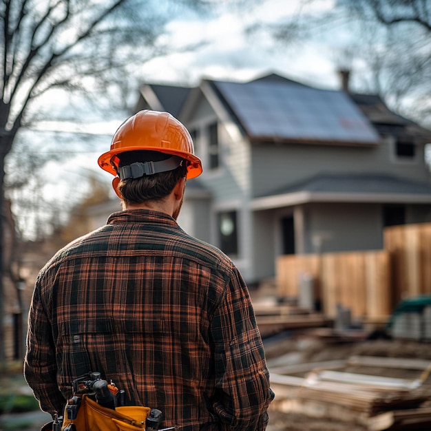 Photo a construction worker in a helmet stands in front of a house showing the renovation work underway